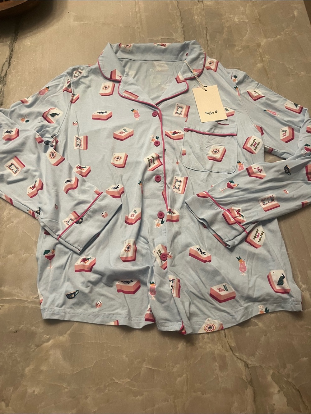 Kyte BABY Light Blue mahjong women’s pajama Top with Pink Trim and Sweet Print